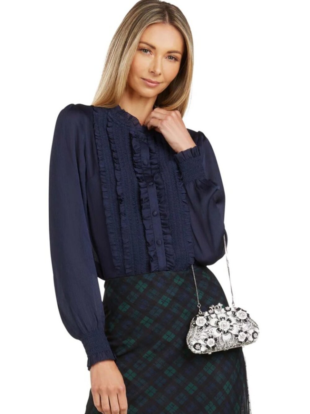 Trish Scully Audrey Ruffled Long Sleeve Smocked Cuffs Navy Blouse Top NWT 10